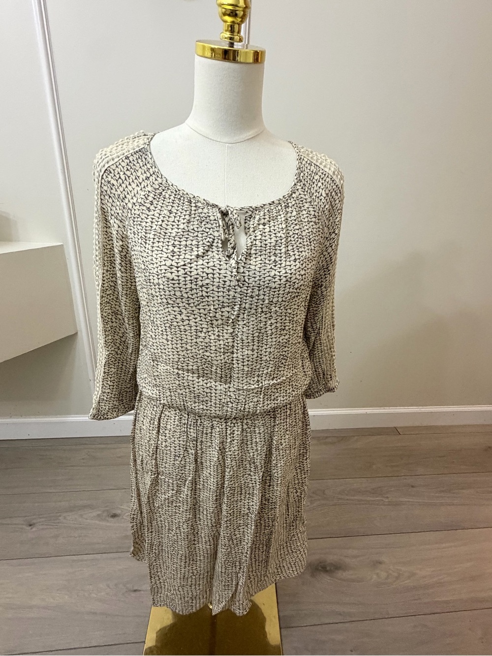 Reitmans Beige and Black Printed Tie-Neck Smocked-Waist Midi Dress - Picture 2 of 9